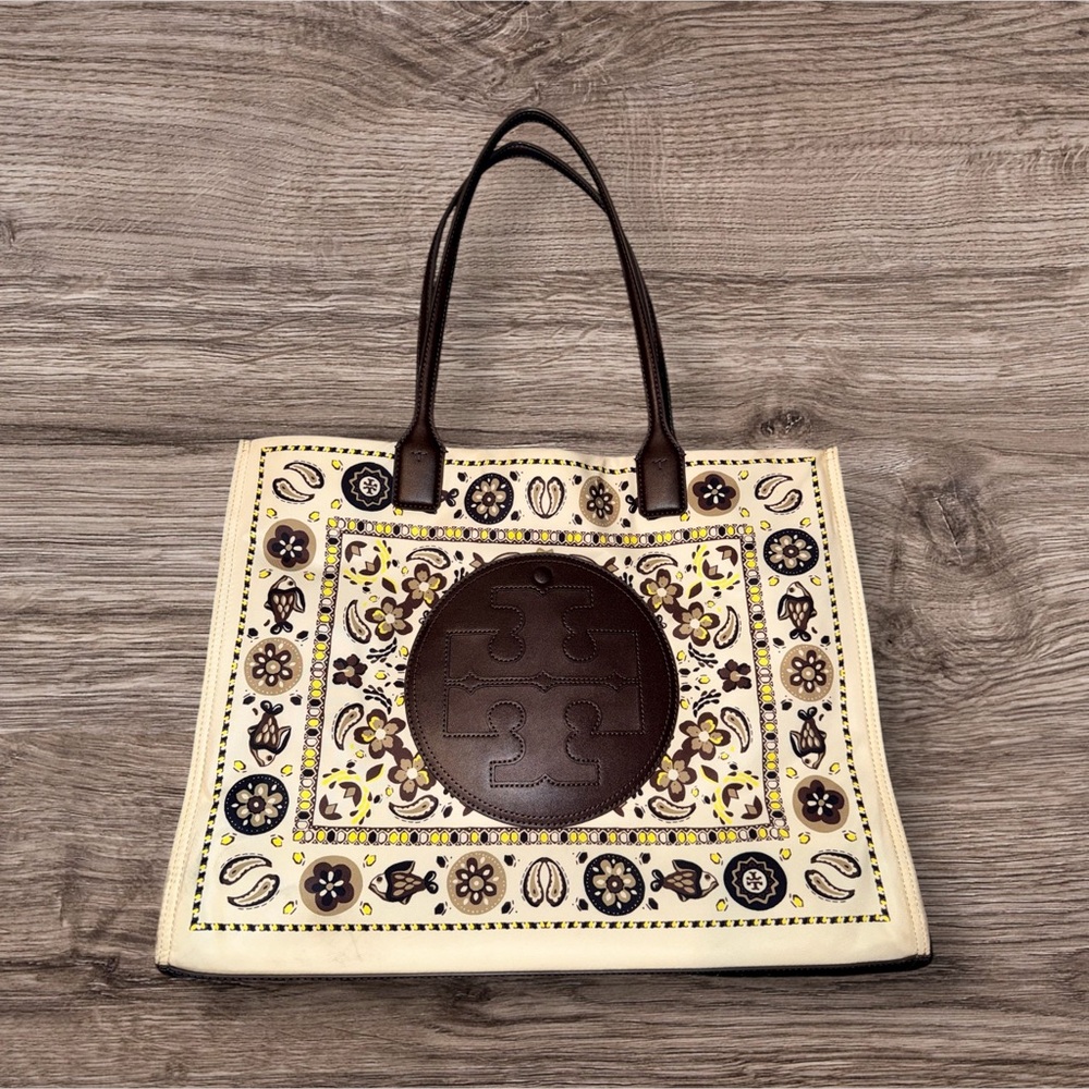 Tory Burch Patterned Tote in Brown and Cream
